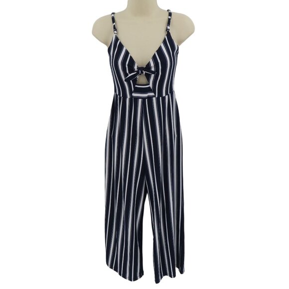 GUESS Women Small Jen Sada Jumpsuit Blue White Stripe Keyhole Sleeveless NEW - Picture 1 of 12